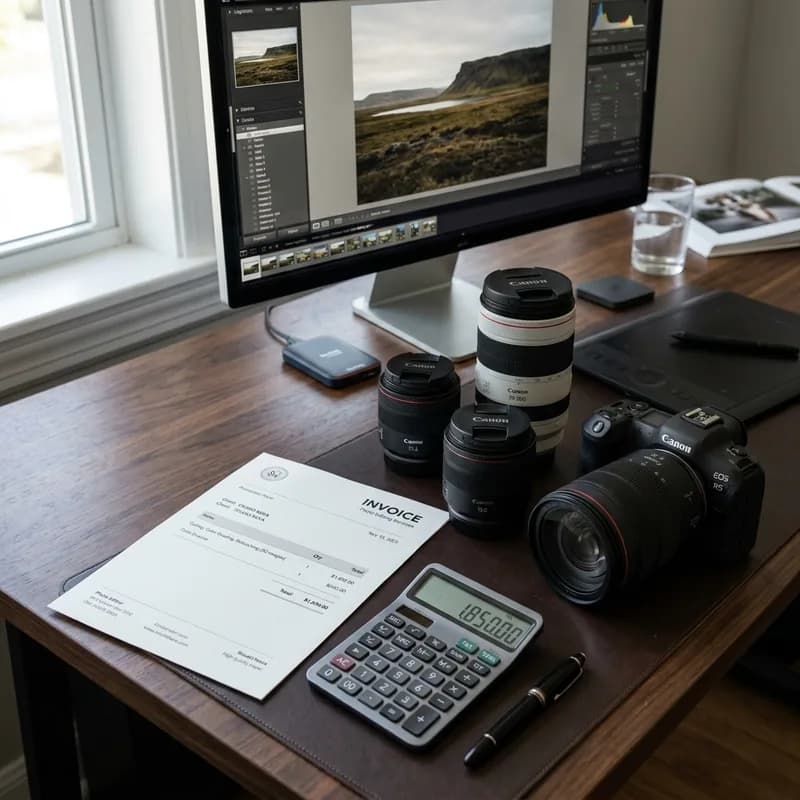 Camera equipment, photography invoice, and calculator showing product photo editing cost breakdown