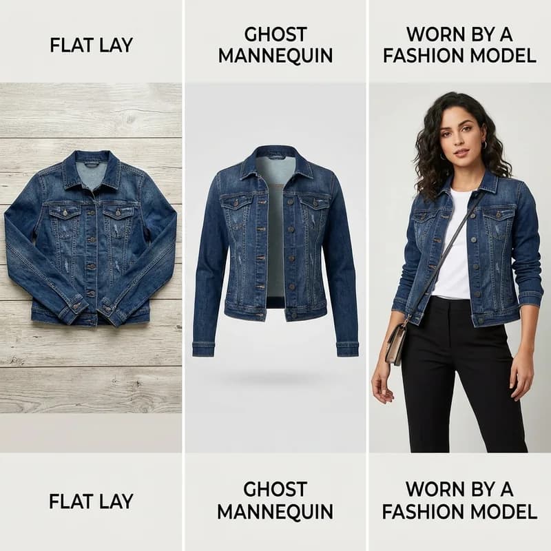 Denim jacket shown three ways: flat lay, ghost mannequin, and worn by fashion model comparison